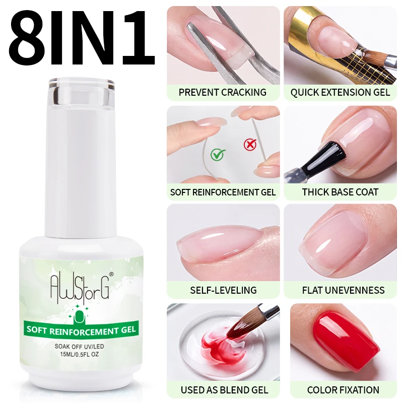 AWStorG 8 in 1 Weiches Verstärkungsgel 15ml UV Soak Off Nagel-Aufbaugel Anti-Riss Nagelverlängerung Dicker Unterlack Selbstnivellierend