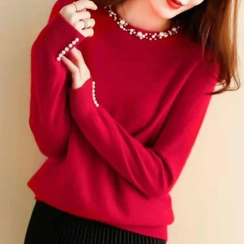 

Fashion O-Neck Solid Color Casual Beading Blouse Women's Clothing 2023 Spring New Korean Pullovers All-match Office Lady Shirt