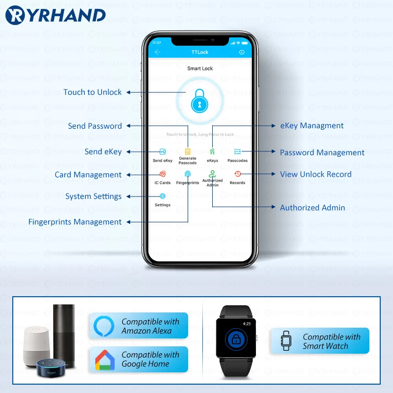 Imagem -05 - Ouro Vidro Deslizante Bloqueio Inteligente Ttlock App Google Home Alexa Impressão Digital Bloqueio Digital Eletrônico Ip66 Aço Inoxidável