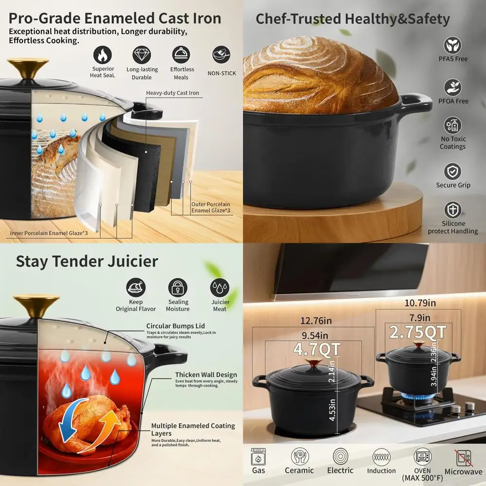 

Enamel Dutch Oven with Lid, Round Casserole for Baking, Braising, Roasting, Stews, 4.7QT, Grey