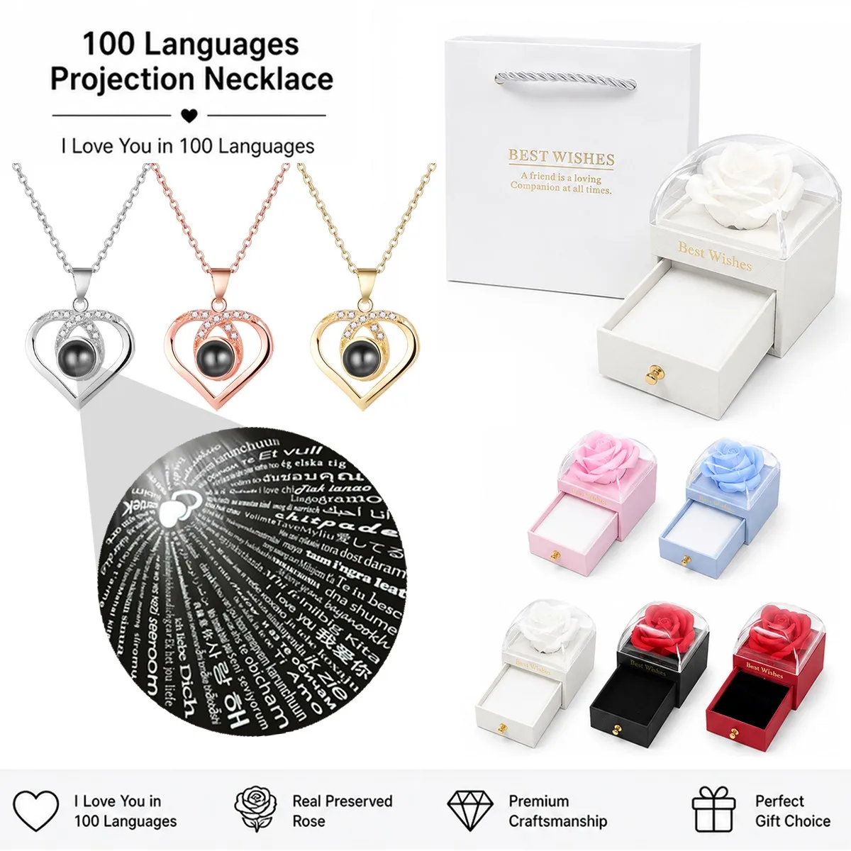 100 Languages Projection Heart Pendant Necklaces With Rose Gift Box For Women Mother Christmas Valentine Birthday Jewelry