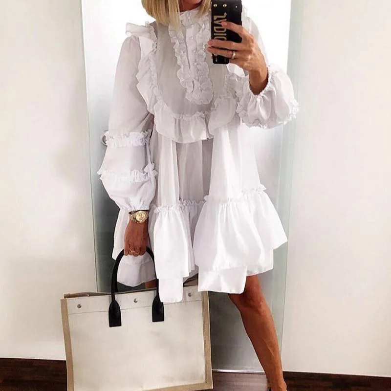 Female Fashion White Sexy Ruffle A-Line Party Dress Lantern Long Sleeve Dress Autumn Women Elegant Neck Button Loose Mini Dress
