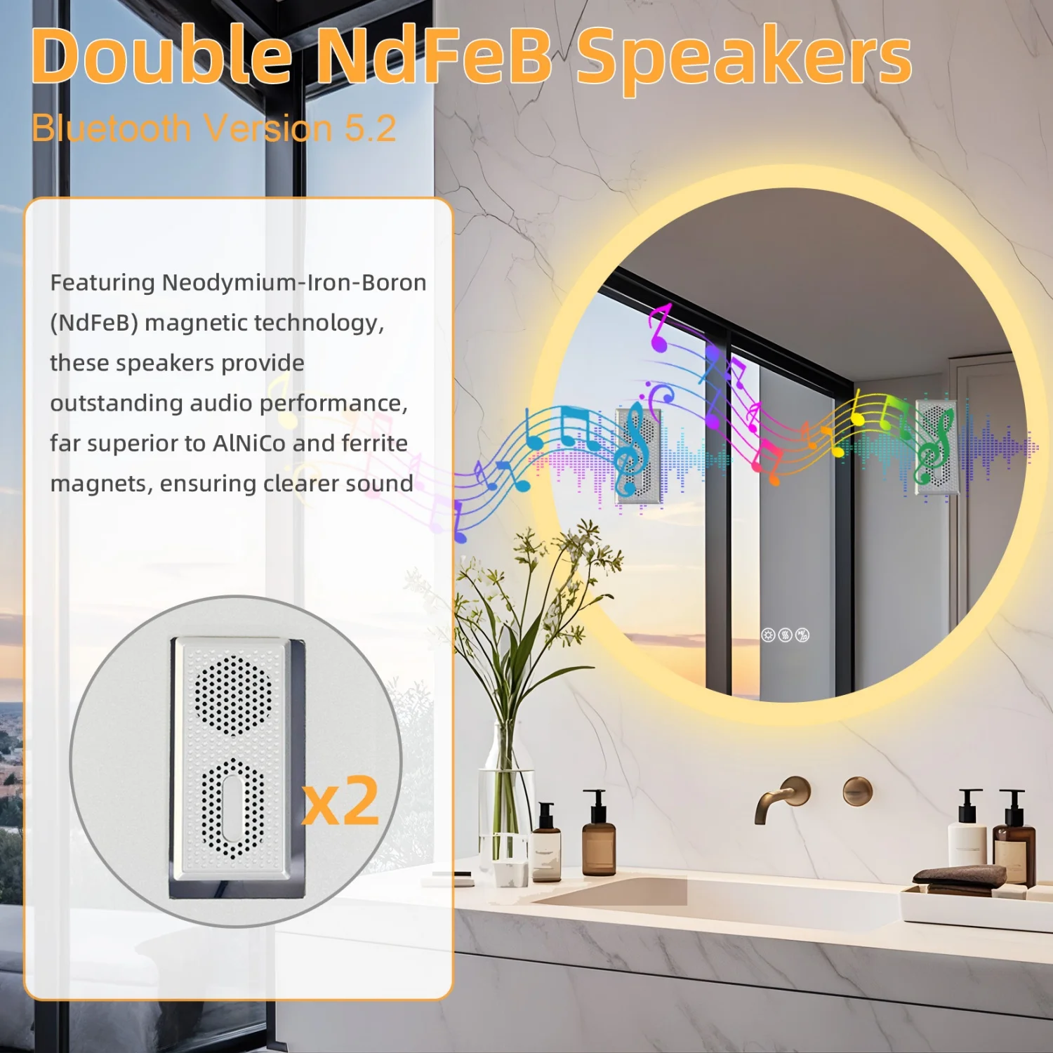블루투스 스피커가 장착된 80CM LED 욕실 거울, 김서림 방지, 3가지 색온도, 파손 방지 백라이트 벽 화장대 거울