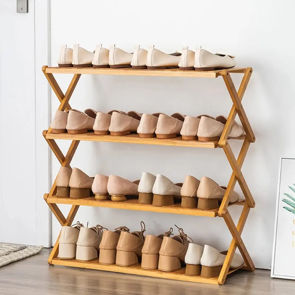 Simple Doorway Shoe Organizer, Natural Bamboo Storage Shoes Rack 4 Layer