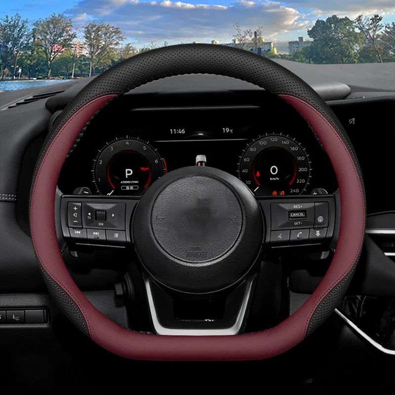High Leather Braid on Car Auto Steering Wheel Cover Wrap for Nissan Pathfinder 2021 2022 2023 2024 2025 D Type view 2