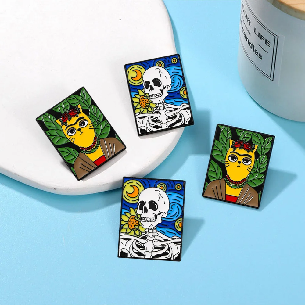 

Halloween 2 Piece Dripping Oil Skull Yellow Cat Cute Enamel Pins Fashion Badges Brooch For Men And Women Jewelry Accessories