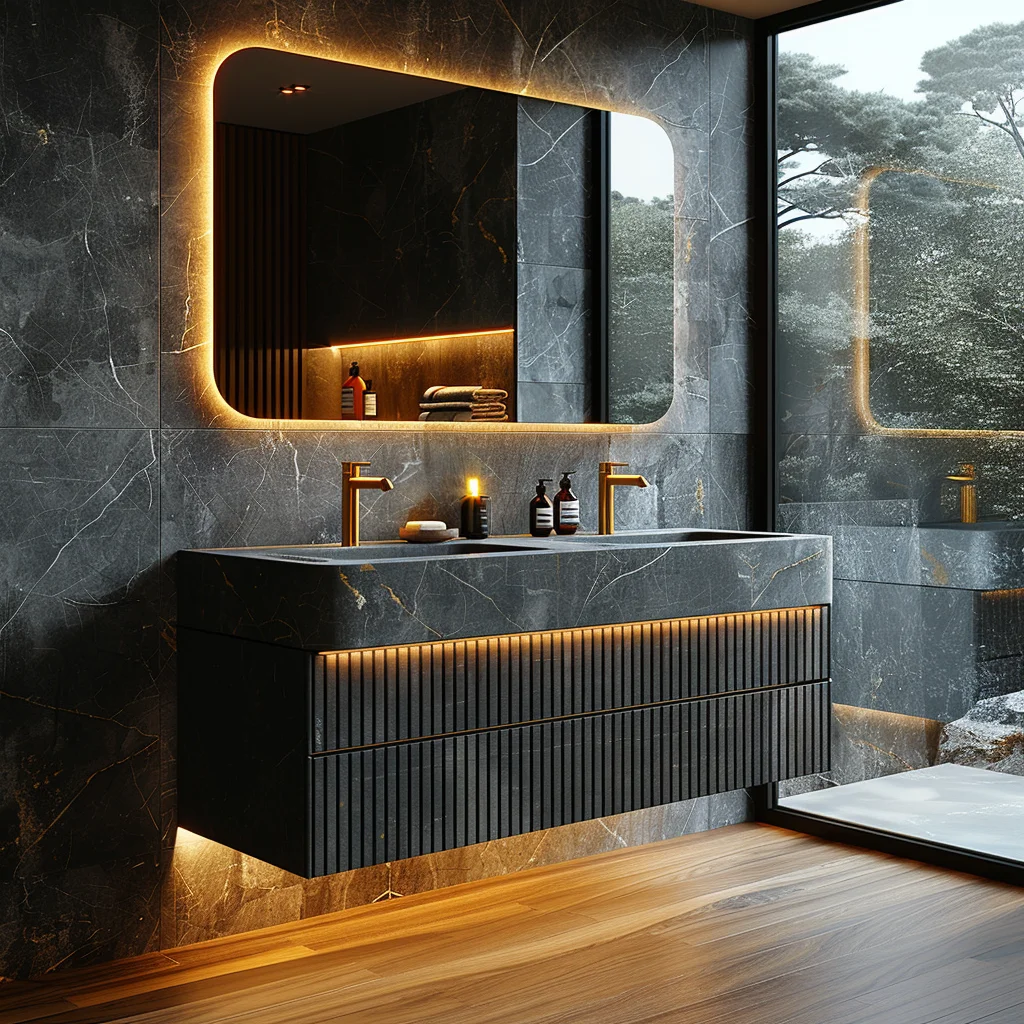 

Luxury Modern Hotel Marble Wall Mounted Mirror Floating Double Sink Stainless Steel Bathroom Vanity Cabinet Set With Sink