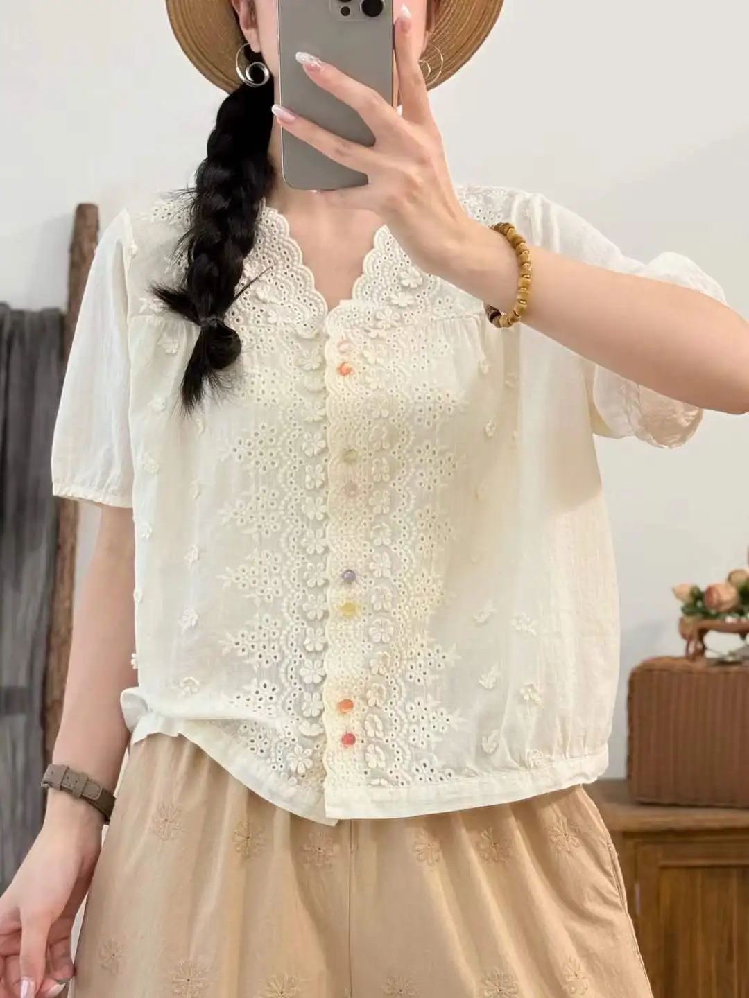 

Embroidered Shirt 2025 Summer New Short Sleeve Cardigan Top Casual Single-breasted Loose Applique Shirts For Women