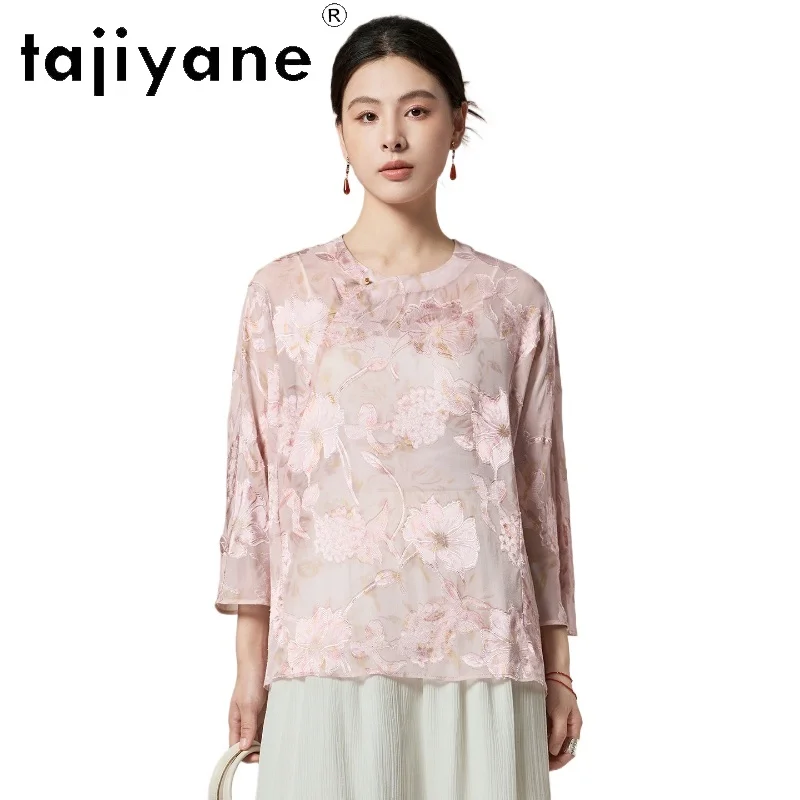 

TAJIYANE 100% шелковые блузки из тутового шелкопряда для женщин, элегантная розовая блузка с цветочным принтом и круглым вырезом, новинка в китайском стиле, весенние топы 2026, женская одежда