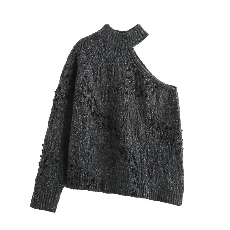 

TRAFZR Cozy Sweaters Y2k Vintage Top Knitwear Grey Pullovers Women's Autumn Sweater Off The Shoulders Beading Pullovers