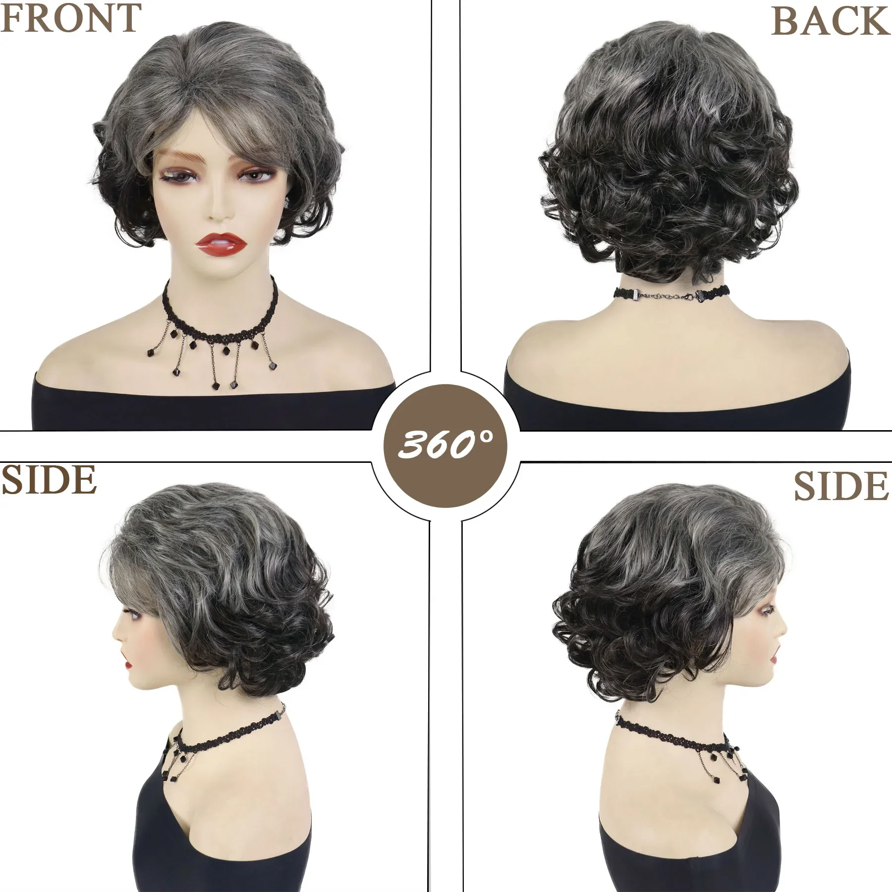 Old Lady Wigs for Women Synthetic Short Hair Curly Wig with Bangs Mixed Grey Color Mommy Wigs Natural Hairstyle Casual Wig Soft