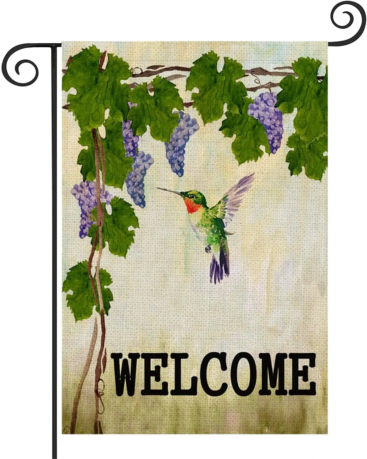 Welcome Hummingbird Garden Flag Grape Vine Green Leaves Bird Burlap Small Flags Vertical Double Sided 12.5 x 18 Inch Outdoor Dec