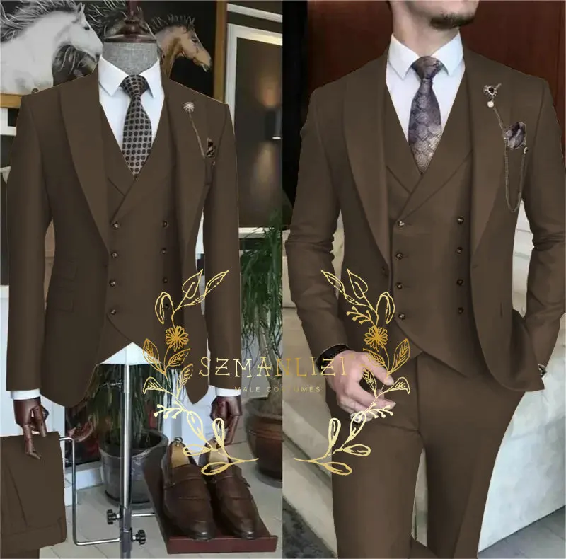 

Brown Suits for Men Slim Fit 3 Piece Jacket Pants Vest Groomsmen Peaked Lapel Formal Wedding Groom Tuxedos Bespoke Male Outfits