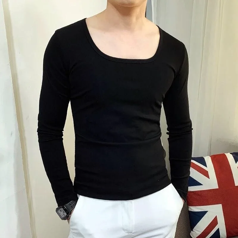 Men's Solid Color Long Sleeve T-Shirt Pure Cotton Slim Fit Low Neck Base Layer Top Autumn Casual Versatile Basic Tee