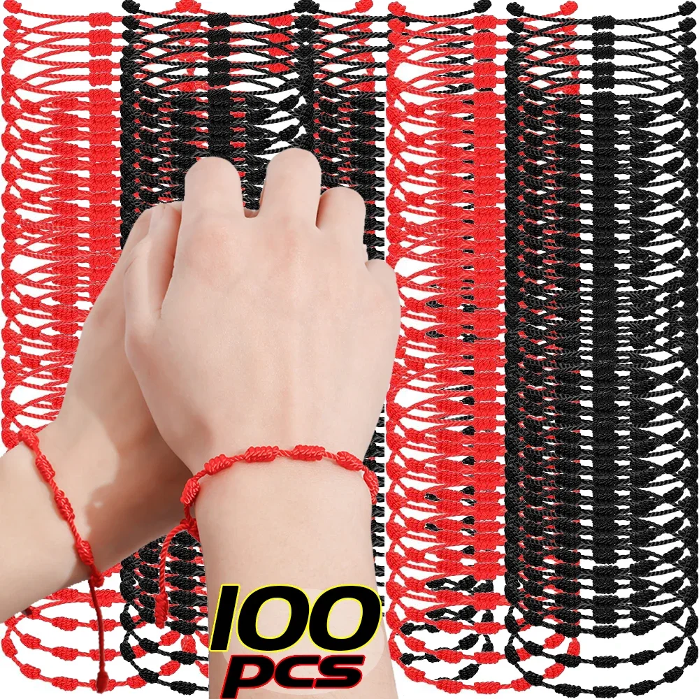 100pcs Red String 7 Knots Bracelets for Protection Good Luck Amulet for Success Handmade Rope Couple's Bracelet Lucky Bangles