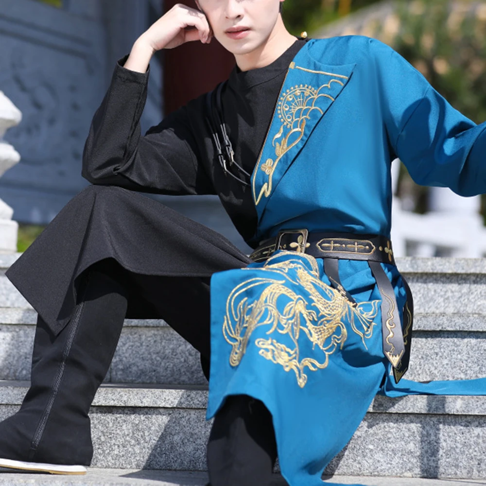 Heren Chinese Stijl Cosplay Hanfu Borduurwerk Hit Kleur Draak Totem Borduren Gown Geborduurde Riem Traditionele Etnische Kostuums