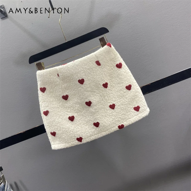 

French Design White Heart Lamb Wool Women's Skirt 2025 Autumn Winter New Slim Hot Girl A-line Bodycon Furry Short Skirts Ladies