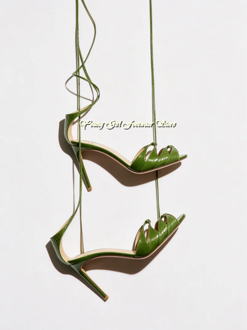 Green Round Head Open Toes Thin Strap Combination Luxury Women's Shoes Instep Hollow Out Ankle Cross Straps Banquet Shoes