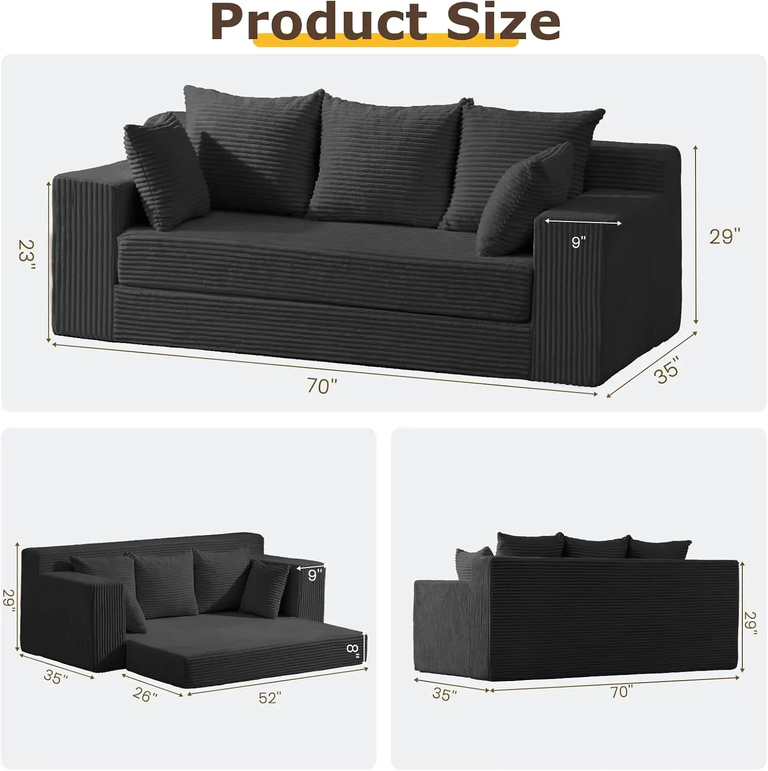 Black 3 Seater Boneless Living Room Convertible Futon Sofa Bed Comfy Pull Out Couch 5 Pillows Detachable Washable Cover Upholste