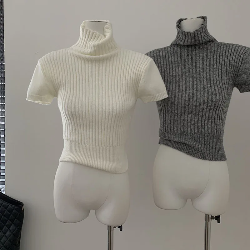 

High Collar Slim Fit Knitted Top Women's Autumn Winter Inner Wear Short Sleeve Tight High End Short Length Upper Apparel