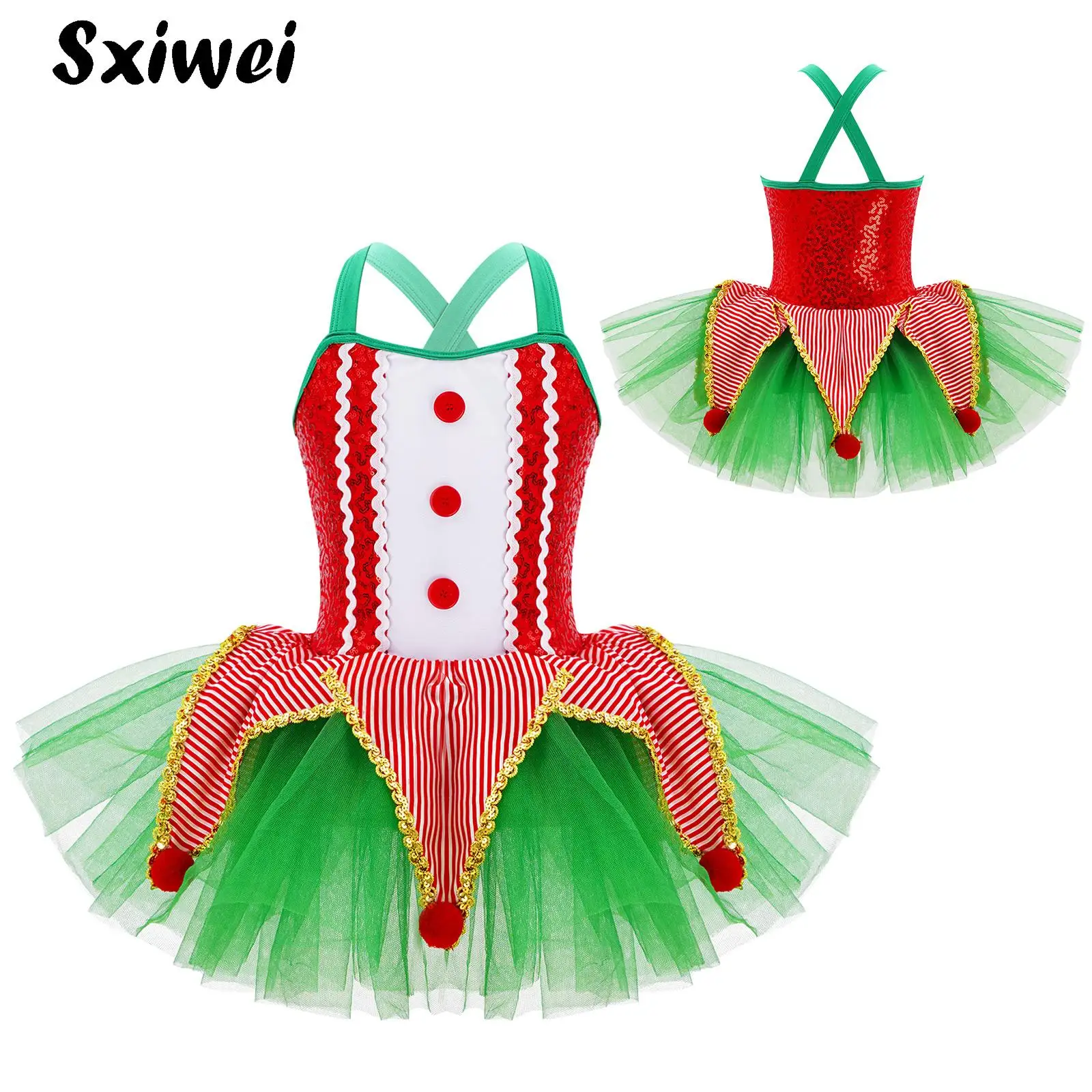 

Kids Girls Christmas Elf Costumes Halloween Circus Clown Cosplay Sequins Mesh Tutu Ballet Dance Figure Skating Leotard Dress