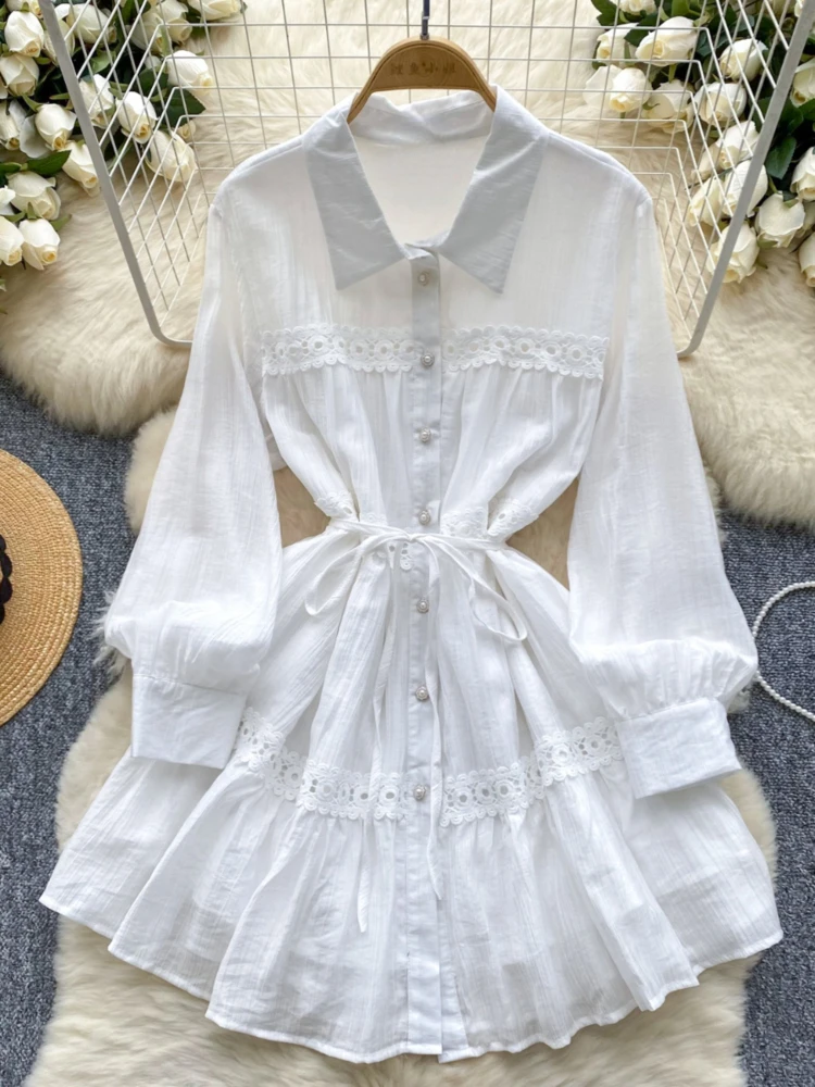 2024 Vestidos De Mujer Lace Patchwork Woman Dress Slim Waist Bandage All Match Autumn Robe Femme Vintage Single Breasted Dresses