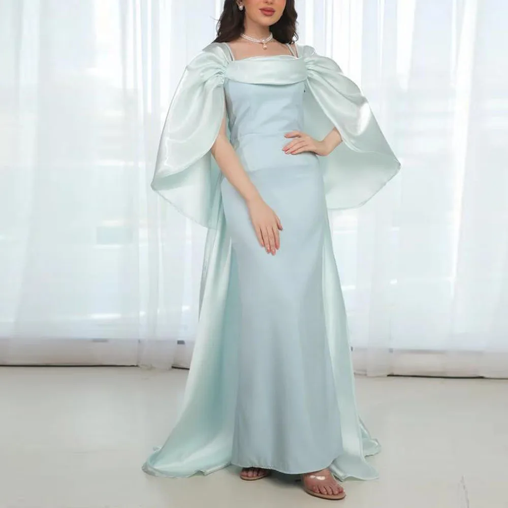 Customized Evening Dress With Wide Pleated Sleeves Square Neck Mermaid Formal Dresses with Shawl Blue Satin Wedding Party Gown