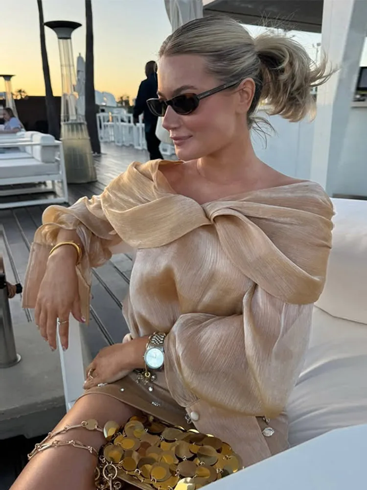 

Elegant Satin Diamonds Women's Mini Dresses Sexy Off-shoulder Full Lantern Sleeve A-line Female Vestidos Solid Lady Party Robes