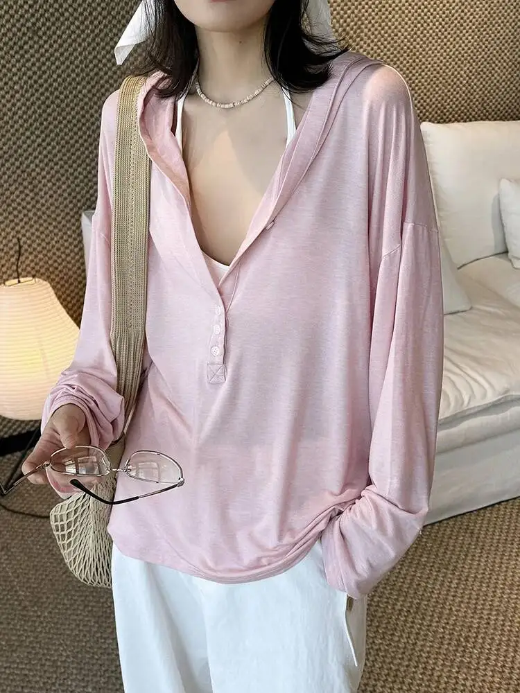 

Women White Button Thin Perspective Casual Big Size T-shirt New Hooded Long Sleeve Fashion Tide Spring Autumn