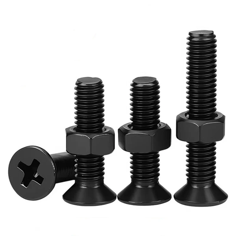 KM Phillips Countersunk Flat Head Machine Screws Wite Hexagon Nuts Set Black Carbon Steel M1.2 M2 M2.5 M3 M4 for DIY Repair