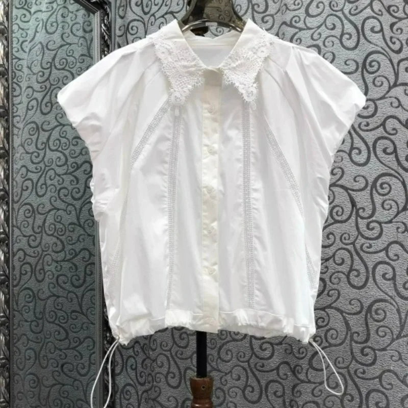 

Turn Down Collar Lace Patchwork Flying Sleeve Blouses Single-breasted Drawstring Shirts Vintage French Hollow Out Blusas Mujer