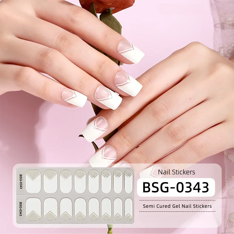 White Edge Semi-Cured Gel Nail Wraps Full Adhesive Waterproof Long Lasting Gel Nail Stickers set for UV Lamp Need French Tips