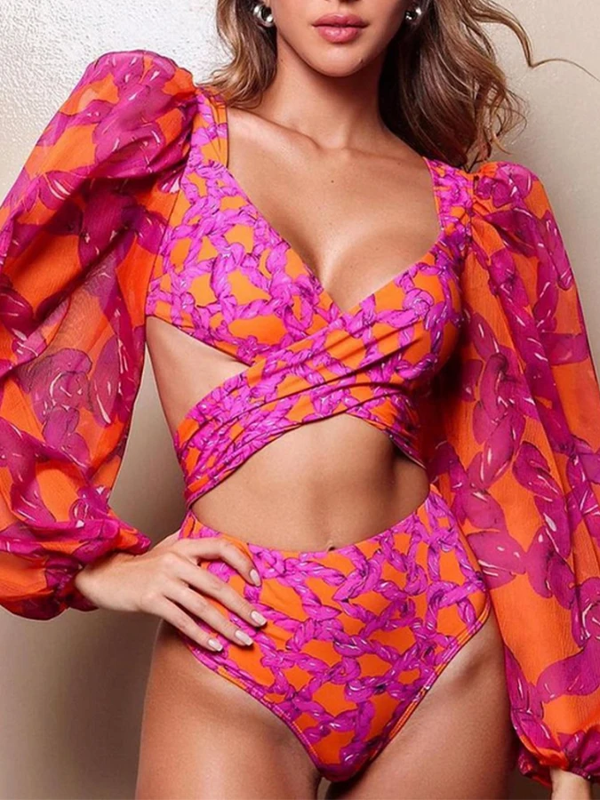 

V Neck Beach Outfits Net Yarn Long Sleeve Bikini 2023 Fashion Women Swimwear Summer Swimsuit Bathing Suits Vacation Sexy / New