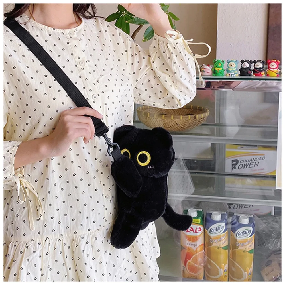 Torba dziecięca 3D w stylu koreańskim, krótki plusz, plecak z czarnym kotem, duża pojemność, wzór z kreskówki, pomarańczowa torba na ramię z kotem.