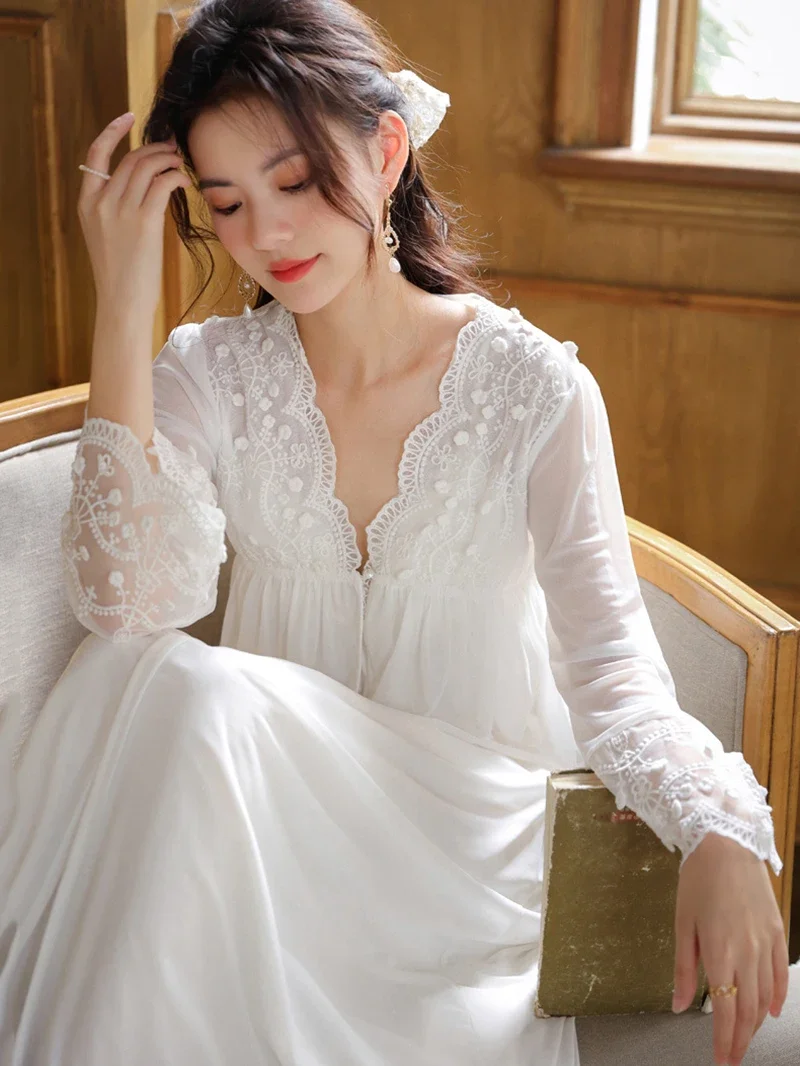 Women Nightgowns Ruffles Fairy Dress Long Sleeve Spring Breast Pad Cotton Spaghetti Strap Back Vintage Princess Sexy Sleepwear