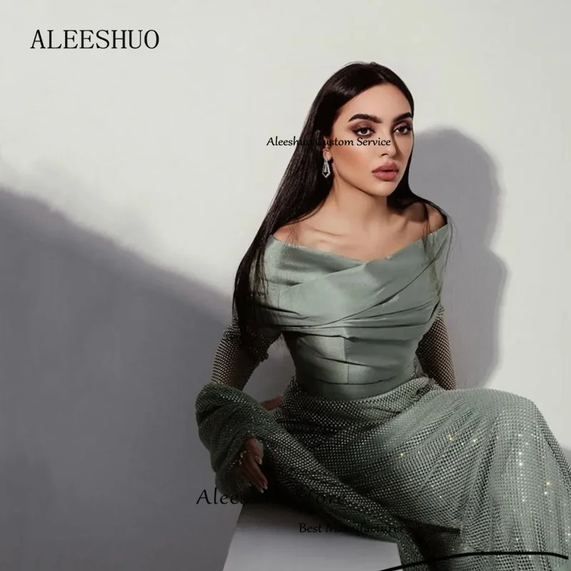 Aleeshuo Elegant Mermaid Evening Dresse Glitter Beaded Long Sleeveless Party Prom Backless Pleat Off The Shoulder Robe soirée