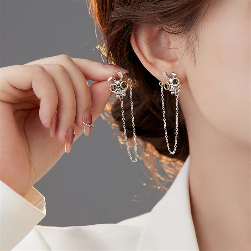 925 Sterling Silver Vintage Tassel Chain Long Drop Earrings for Women Girls Cute Glasses Rabbit Earrings Party Jewelry Gift