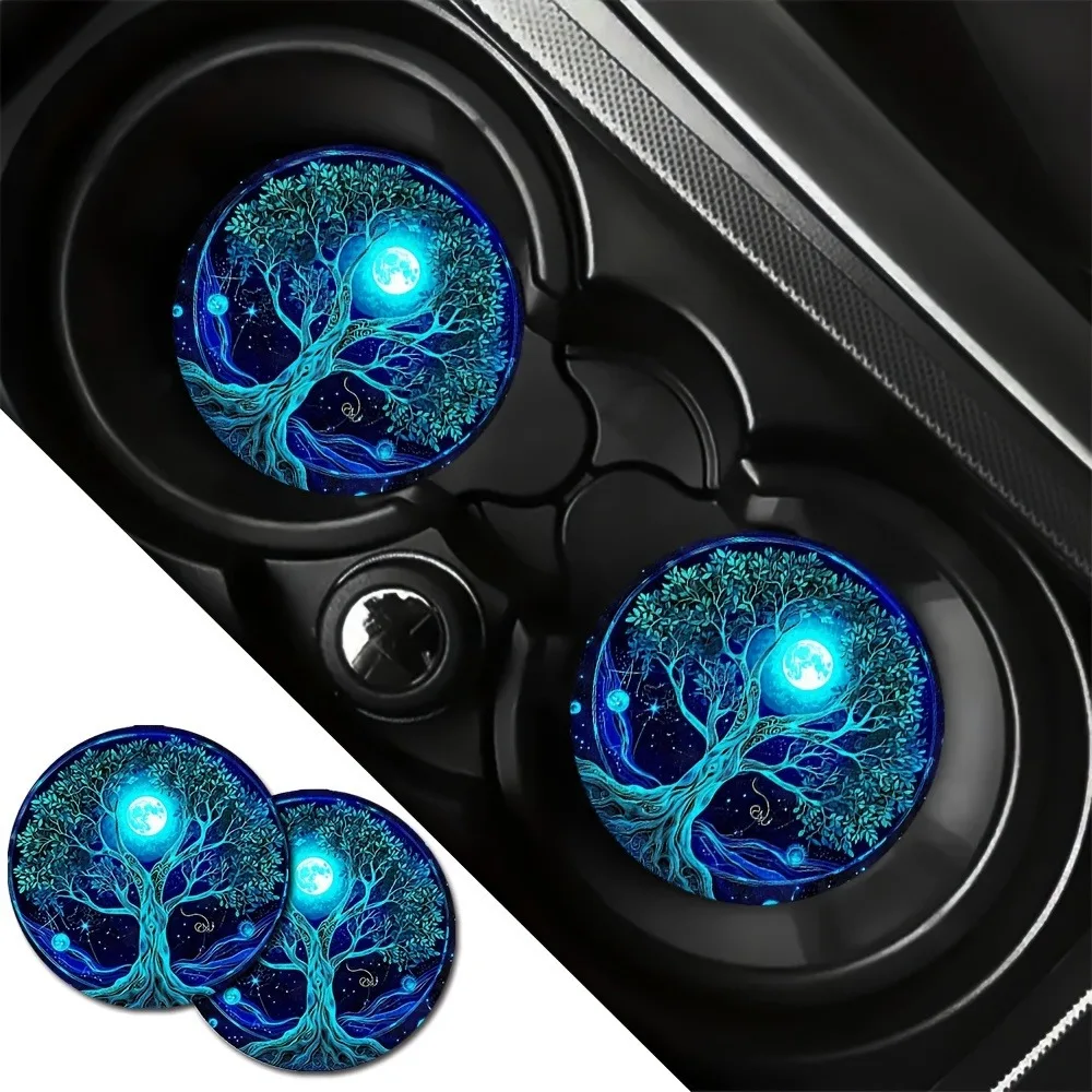 2-piece set of car coasters, Starry Sky Tree of Life printed coasters, interior cup slot decorative protective accessories