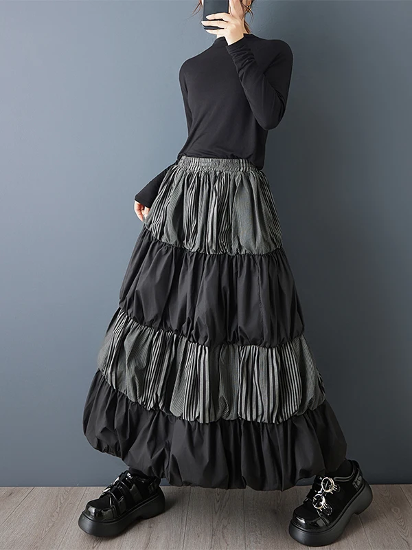 정통 캐주얼 루즈 스플라이스 케이크 스커트 패셔너블 부푼 플라워 버드 드레스 여성용 하이 웨이스트 기타 소재