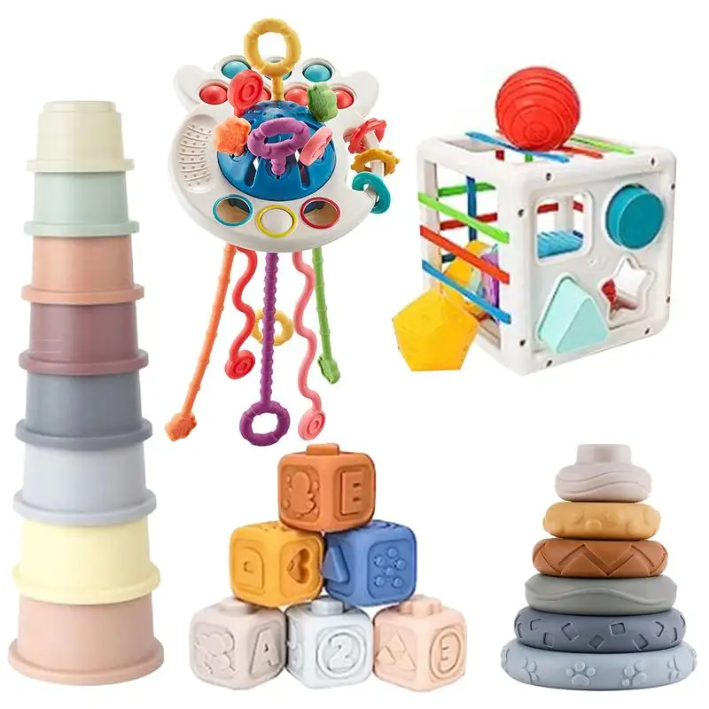 Stacking Teething Toys Stacking Blocks Set Toddler Sorting Stacking & Plugging Sensory Toy Teether Blocks Stacker Cups Blocks