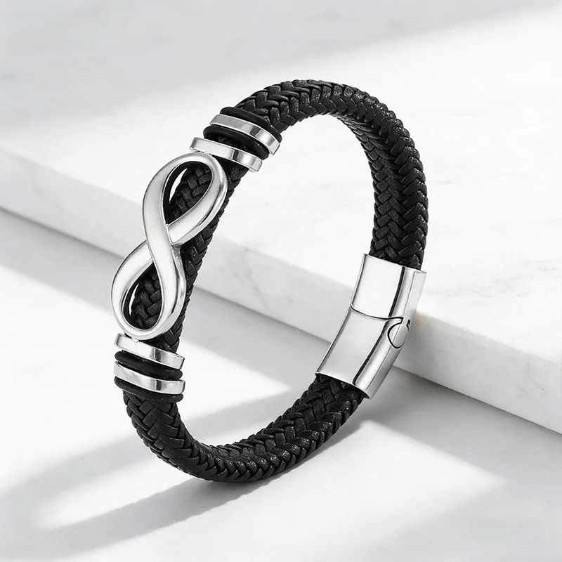 

Fashion Men's 8 Letter Leather Bracelet Handmade Braided Black Wristband Luxury Daily Ornament
