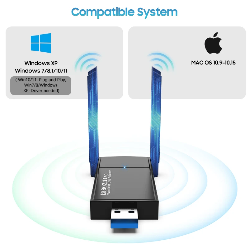 Tenmtoo Wifi Adapter USB 3.0 1300Mbps High Gain Dual Band 2.4G/5Ghz WiFi USB for PC Laptop Desktop USB Computer Network Adapter