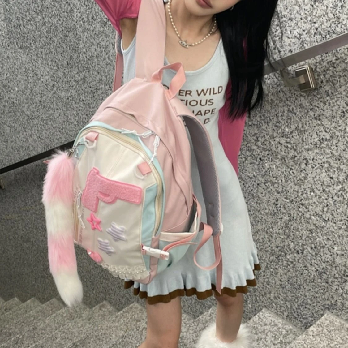 Japanese Cute Y2K Cartoon Pink Plush Tail Large-capacity Backpack Student Commuting Travel Backpack Schoolbag Back To School