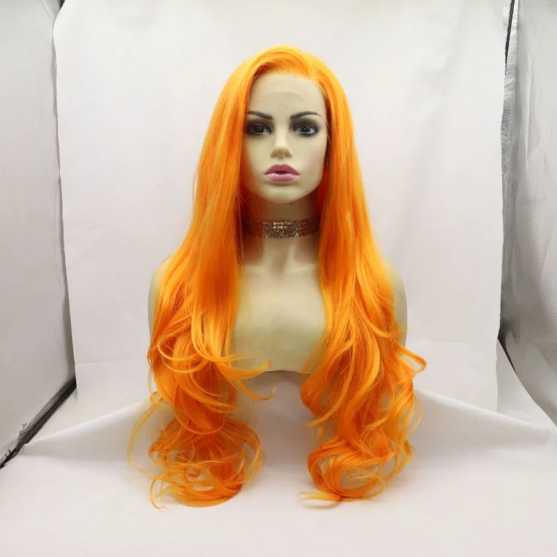 

Hand-woven front lace orange synthetic high-temperature fiber middle-parted long curly hair wig for women