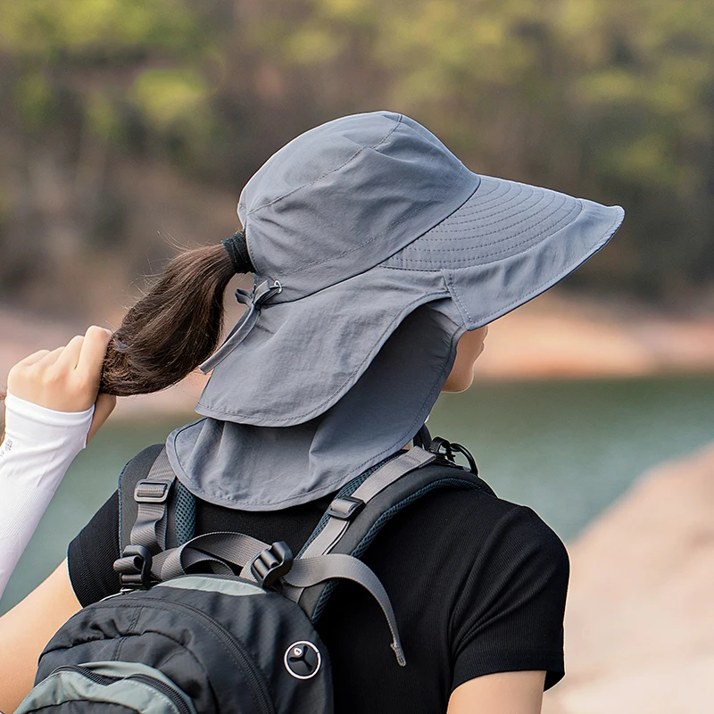 Women Wide Large Brim Sun Hat Bucket Hat Summer Outdoor Fishing Hiking UV Anti Neck Protection Shawl Visor Cap Ladies Hat Bonnet