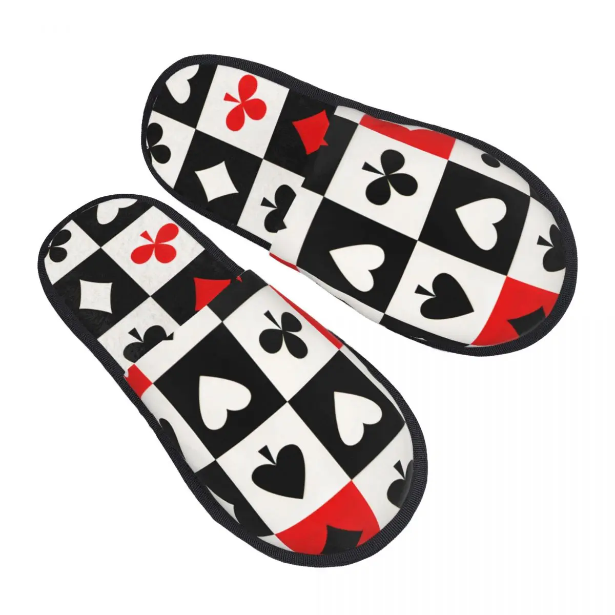 

Winter Women Men Non-Slip Flat Slippers Red Black Poker Square Plaid Heart Geometric Playing Cards Indoor Fur Soft Shoes