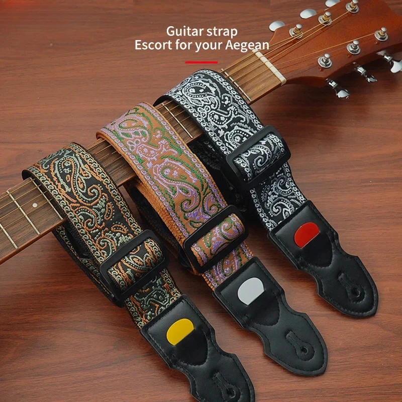 Guitar Shoulder Straps with Pick Clips Wooden Electric Guitar Bass Strap Printed Straps Belt Guitar Accessories Plug in Paddles