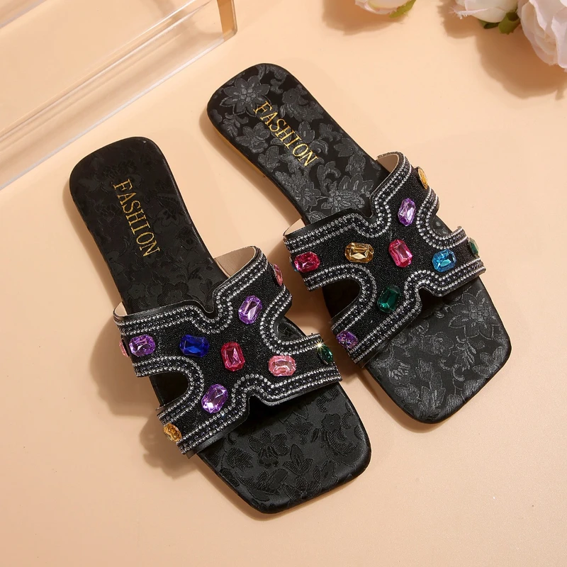 

2026 Summer New Arrivals Women's Luxury Colorful Rhinestone-Embellished Slides—Casual Square-Toe Low-Heel Gemstone Beach Sandals