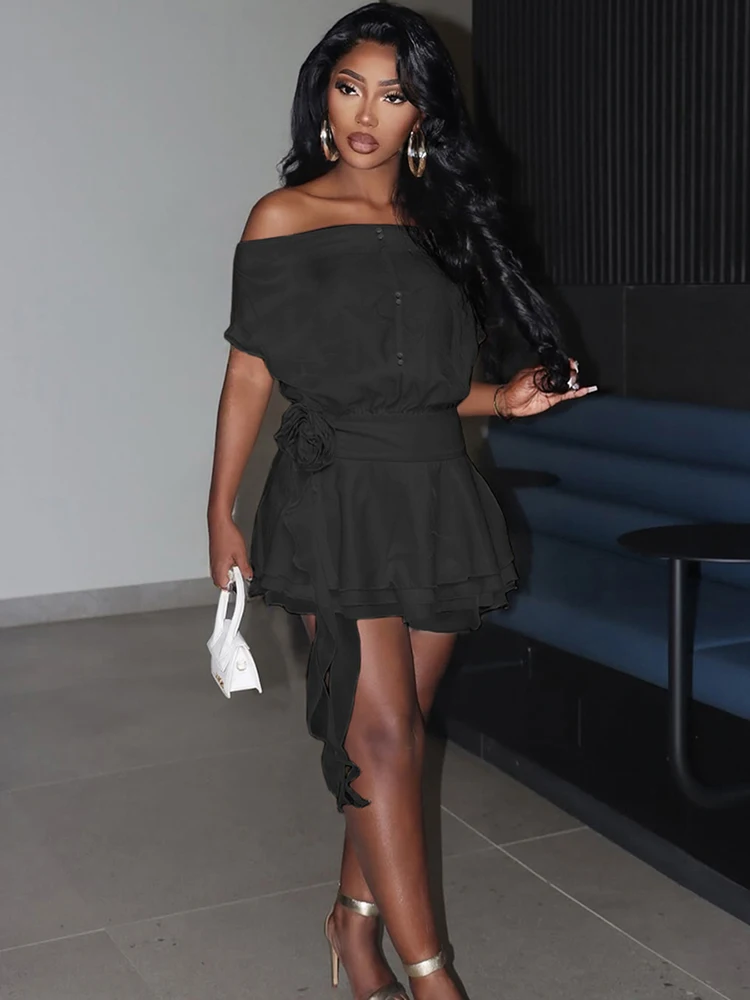 Nibber hipster bandeau + vestido feminino um ombro em camadas bainha inchada 3d flores borla botões ver através magro festa bodycon