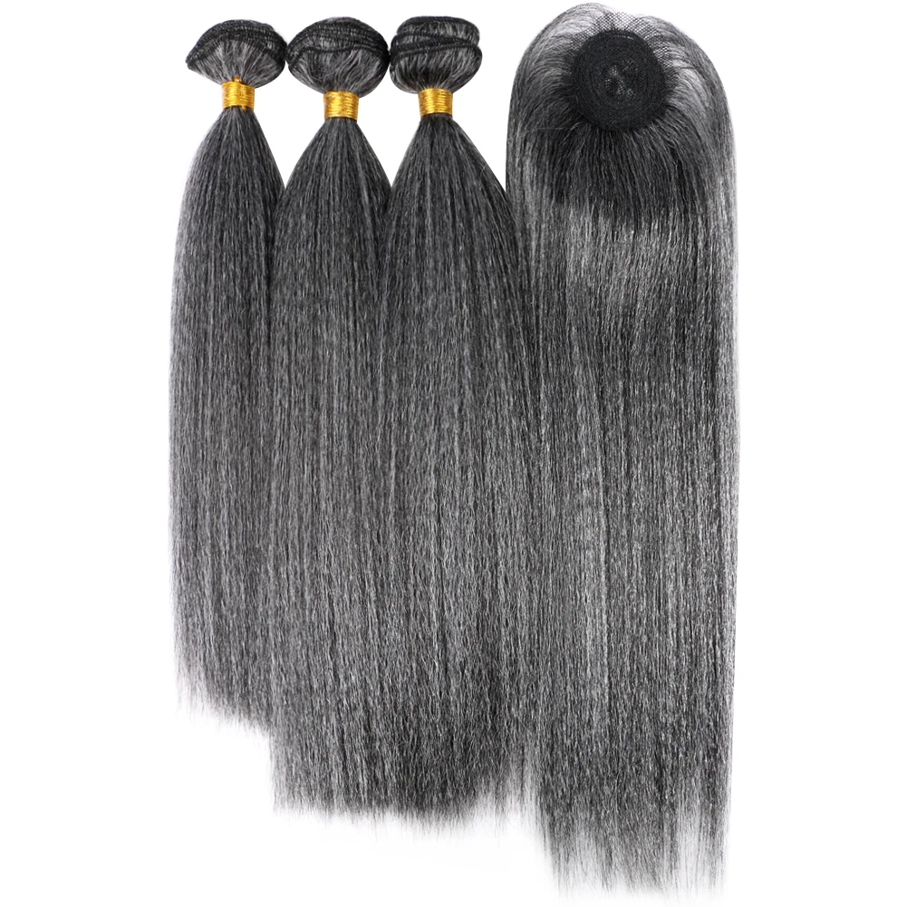 Extension de Cheveux Synthétiques Crépus Lisses Gris, Tissage avec Fermeture, pour Femme Noire, 14 Pouces, 3 Pièces/Lot